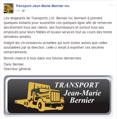 Fermeture de Transport Jean-Marie Bernier - Truck Stop Quebec